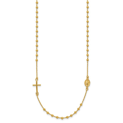 14K Polished Cross and Miraculous Medal Beaded Rosary Design Necklace