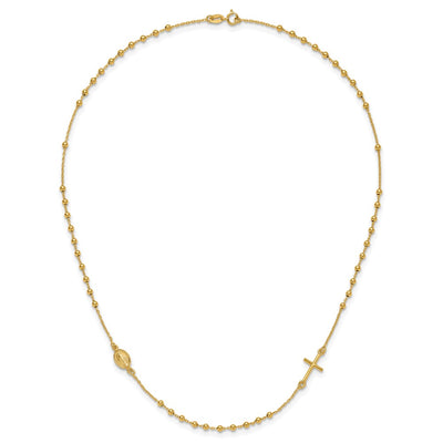 14K Polished Cross and Miraculous Medal Beaded Rosary Design Necklace