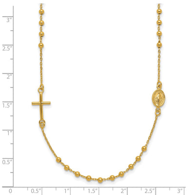 14K Polished Cross and Miraculous Medal Beaded Rosary Design Necklace