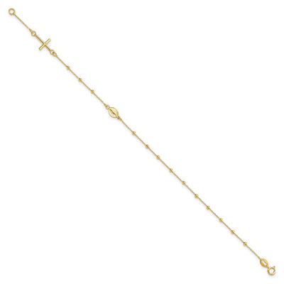 14K Polished Cross and Miraculous Medal Beaded Rosary Bracelet
