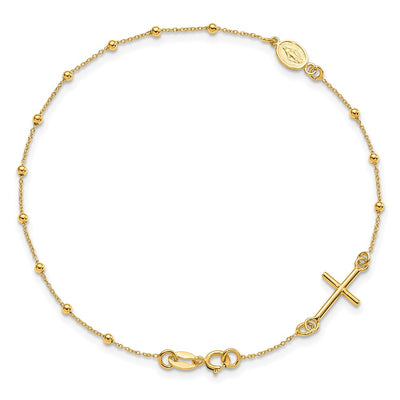 14K Polished Cross and Miraculous Medal Beaded Rosary Bracelet