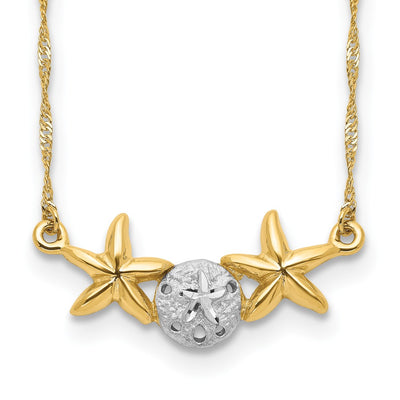 14K with White Rhodium Brushed and Polished Sand Dollar and Starfish Necklace