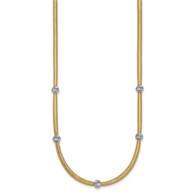 14K Polished with Rhodium 5-Station Diamond-cut Beads Flexible Mesh Necklace
