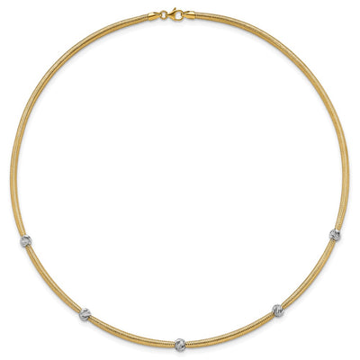 14K Polished with Rhodium 5-Station Diamond-cut Beads Flexible Mesh Necklace