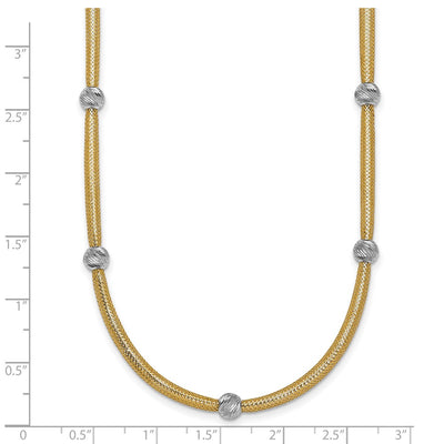 14K Polished with Rhodium 5-Station Diamond-cut Beads Flexible Mesh Necklace