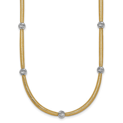 14K Polished with Rhodium 5-Station Diamond-cut Beads Flexible Mesh Necklace