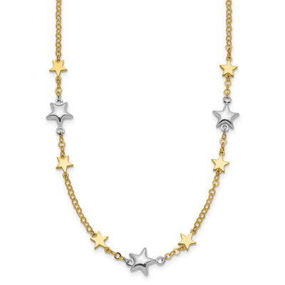 14K Two-Tone Polished Puffed and Flat Stars Necklace Plus Extender