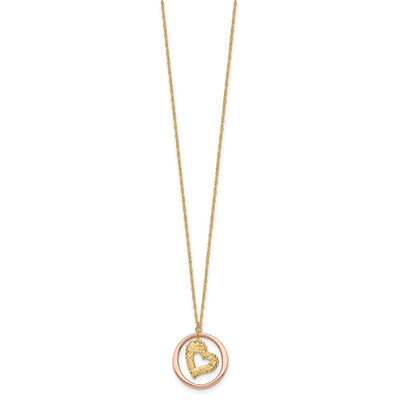 14K Two-tone Fancy Diamond-cut Heart in Open Circle Pendant Necklace