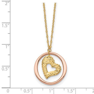 14K Two-tone Fancy Diamond-cut Heart in Open Circle Pendant Necklace