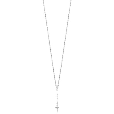 14K White Gold Polished Crucifix and Miraculous Medal with Faceted Beads Rosary Necklace