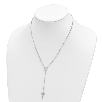 14K White Gold Polished Crucifix and Miraculous Medal with Faceted Beads Rosary Necklace