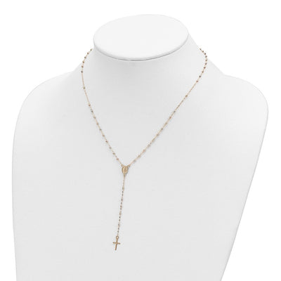 14K Tri-color Cross and Miraculous Medal with Laser-cut Beads Rosary Necklace Plus Extender, 17 x 7mm