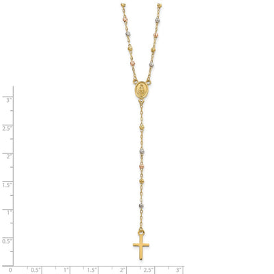 14K Tri-color Cross and Miraculous Medal with Laser-cut Beads Rosary Necklace Plus Extender, 17 x 7mm