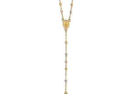 14k Tri-color Cross and Miraculous Medal with Laser-cut Beads Rosary Necklace Plus Extender (Style SF2959-17)