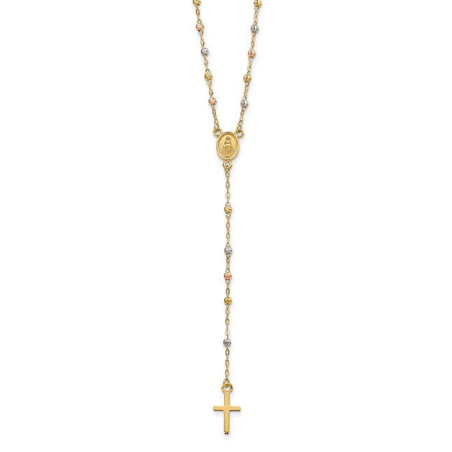 14k Tri-color Cross and Miraculous Medal with Laser-cut Beads Rosary Necklace Plus Extender, 17 x 7mm