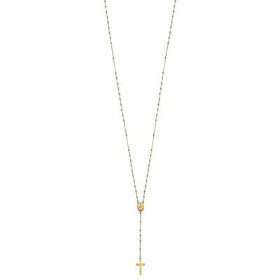 14K Tri-color Cross and Miraculous Medal with Laser-cut Beads Rosary Necklace Plus Extender, 17 x 10mm