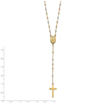 14K Tri-color Cross and Miraculous Medal with Laser-cut Beads Rosary Necklace Plus Extender, 17 x 10mm