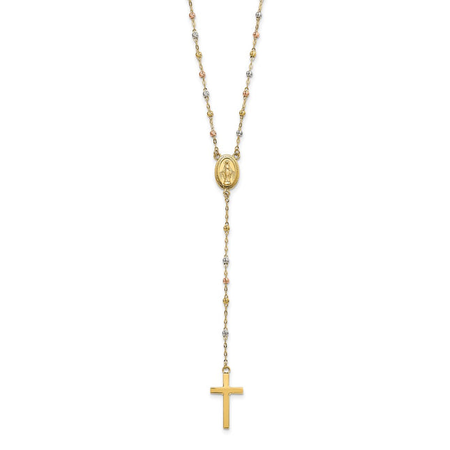 14k Tri-color Cross and Miraculous Medal with Laser-cut Beads Rosary Necklace Plus Extender, 17 x 10mm