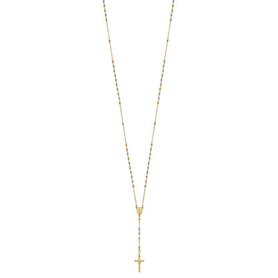 14K Tri-color Polished Crucifix and Miraculous Medal with Faceted Beads Rosary Necklace