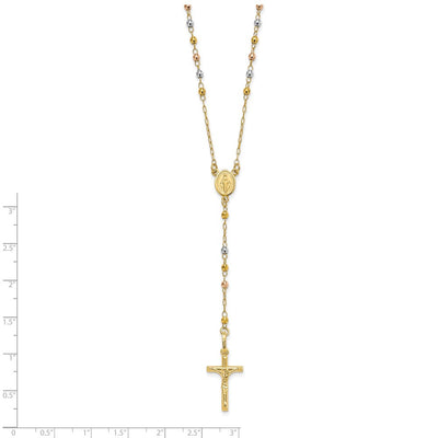 14K Tri-color Polished Crucifix and Miraculous Medal with Faceted Beads Rosary Necklace