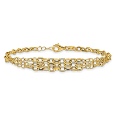 14K Polished and Textured Fancy Cable with 3-Strand Center Necklace Plus Extender