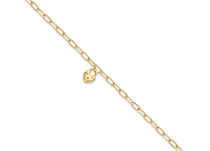 14K Polished Heart Lock Charm Paperclip Link