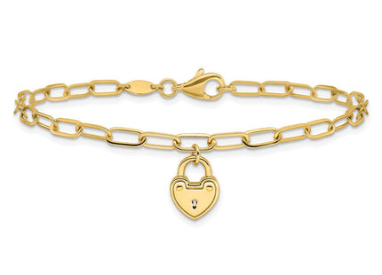 14K Polished Heart Lock Charm Paperclip Link