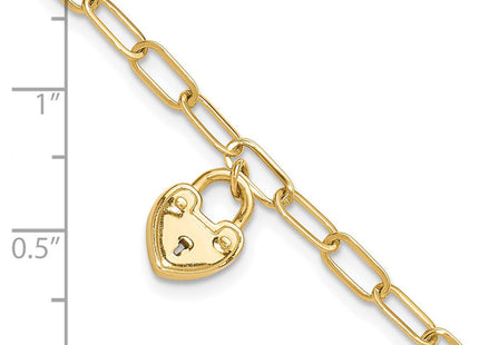 14K Polished Heart Lock Charm Paperclip Link