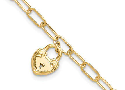 14K Polished Heart Lock Charm Paperclip Link