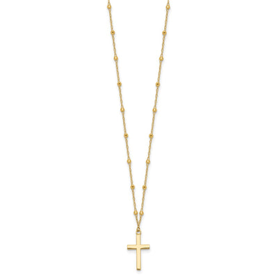 14K Mirror Beaded Chain with Polished Cross Pendant Necklace Plus Extender