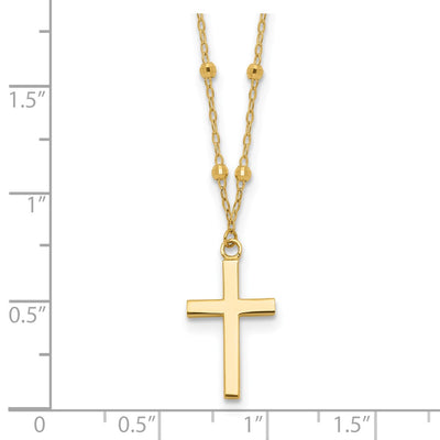 14K Mirror Beaded Chain with Polished Cross Pendant Necklace Plus Extender