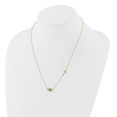 14K Polished Blue CZ Evil Eye and Cross Necklace Plus Extender
