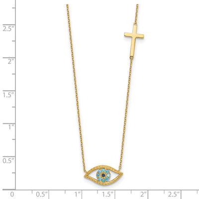 14K Polished Blue CZ Evil Eye and Cross Necklace Plus Extender