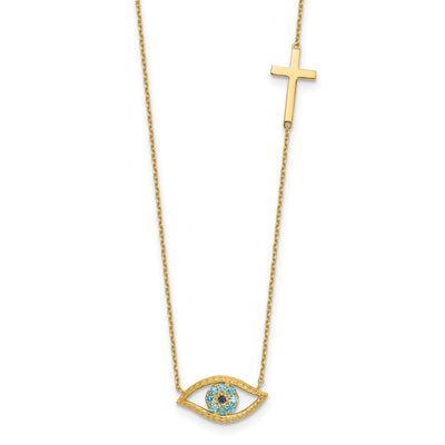 14K Polished Blue CZ Evil Eye and Cross Necklace Plus Extender