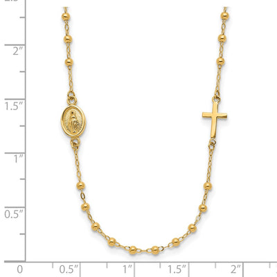 14K Polished Miraculous Medal and Cross Beaded Rosary Design Necklace