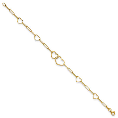14K Polished Double Hearts and Paper Clip Links Bracelet