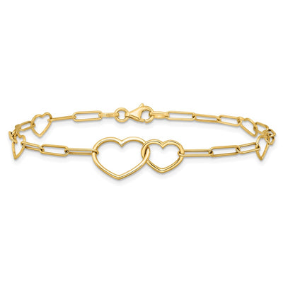 14K Polished Double Hearts and Paper Clip Links Bracelet