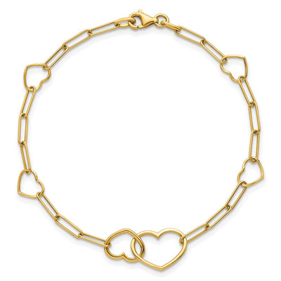 14K Polished Double Hearts and Paper Clip Links Bracelet