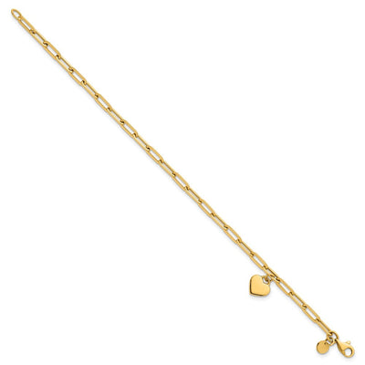 14K Polished Flat Dangle Heart Paperclip Link Bracelet, 7.25 x 7.7mm