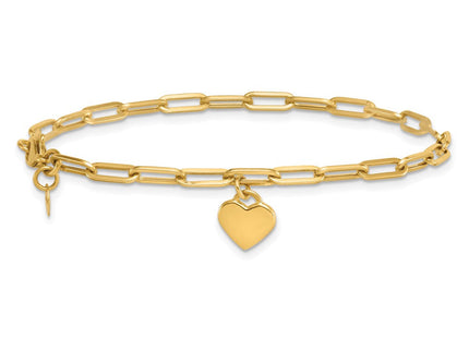 14k Polished Flat Dangle Heart Paperclip Link 7. Bracelet (Style SF3101-7.25)