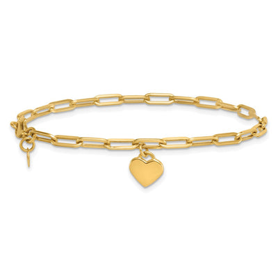 14K Polished Flat Dangle Heart Paperclip Link Bracelet, 7.25 x 7.7mm