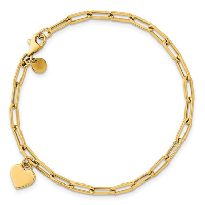 14K Polished Flat Dangle Heart Paperclip Link Bracelet, 7.25 x 7.7mm