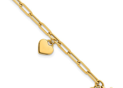 14k Polished Flat Dangle Heart Paperclip Link 7. Bracelet (Style SF3101-7.25)