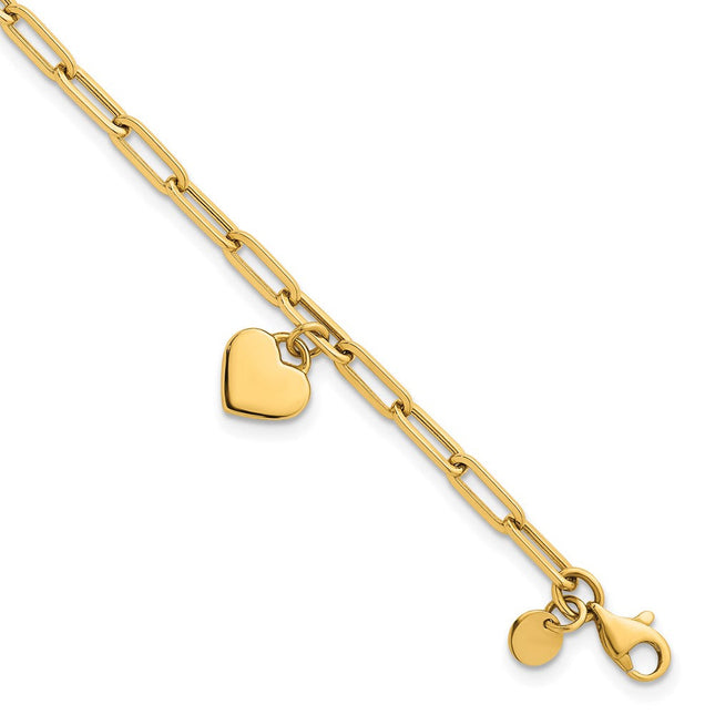 14k Polished Flat Dangle Heart Paperclip Link 7. Bracelet, 7.25 x 7.7mm