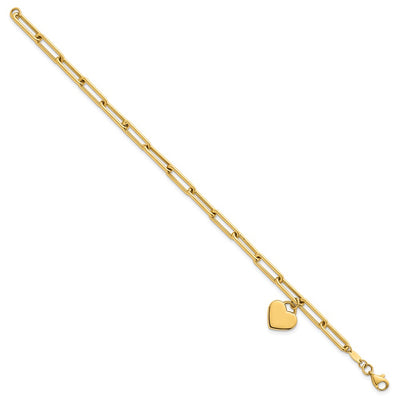 14K Polished Flat Dangle Heart Paperclip Link Bracelet, 7.5 x 11.9mm