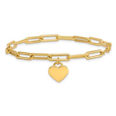 14K Polished Flat Dangle Heart Paperclip Link Bracelet, 7.5 x 11.9mm
