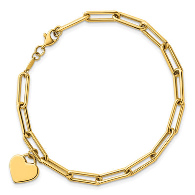 14K Polished Flat Dangle Heart Paperclip Link Bracelet, 7.5 x 11.9mm