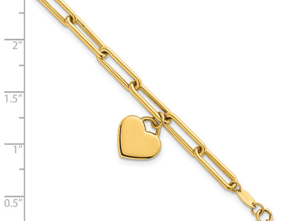 14k Polished Flat Dangle Heart Paperclip Link 7. Bracelet, 7.5 x 11.9mm