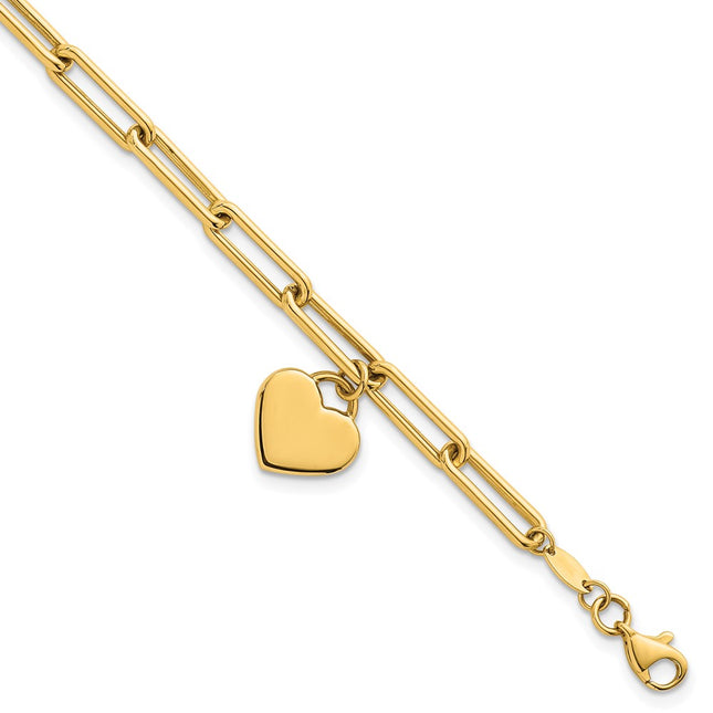 14k Polished Flat Dangle Heart Paperclip Link 7. Bracelet, 7.5 x 11.9mm