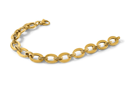14K Polished and Textured Greek Key Etched Fancy Oval Link 7. Bracelet